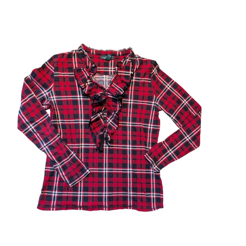 Lauren Jeans Ralph Lauren Plaid Top Women M Red Black Ruffle V Neck Shirt Knit
